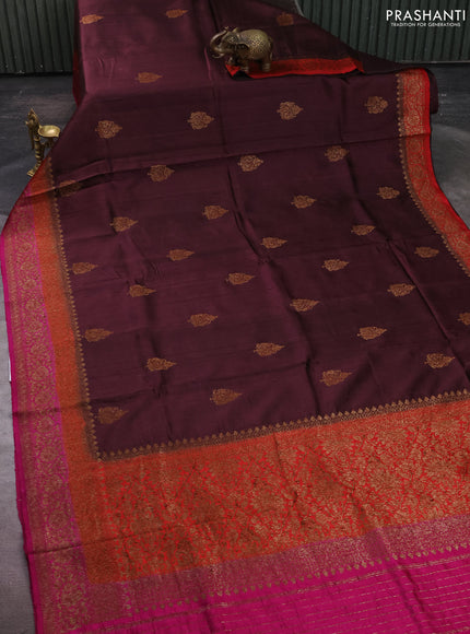 Banarasi raw silk saree deep maroon and pink with thread & zari woven buttas and long thread & zari woven border