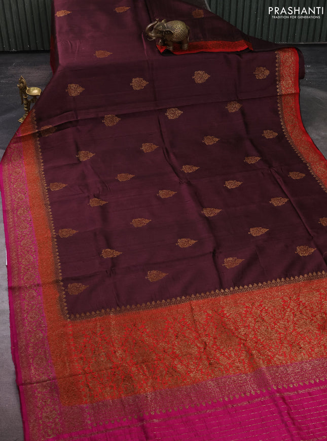 Banarasi raw silk saree deep maroon and pink with thread & zari woven buttas and long thread & zari woven border