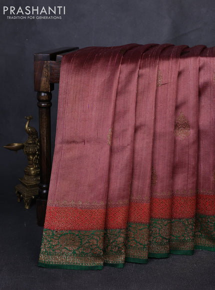 Banarasi raw silk saree rosy brown and green with thread & zari woven buttas and long thread & zari woven border