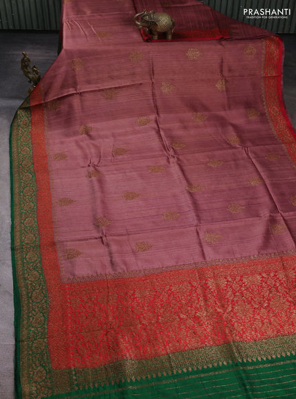 Banarasi raw silk saree rosy brown and green with thread & zari woven buttas and long thread & zari woven border