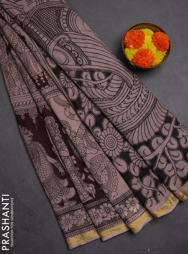 Kota kalamkari cotton saree coffee brown and beige with allover prints and piping border