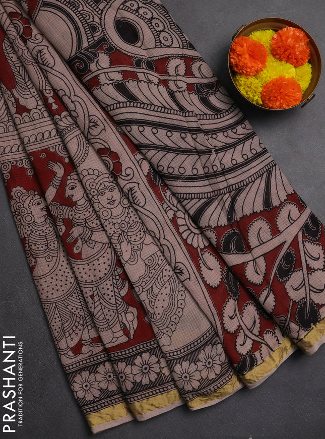 Kota kalamkari cotton saree maroon and beige with allover prints and piping border