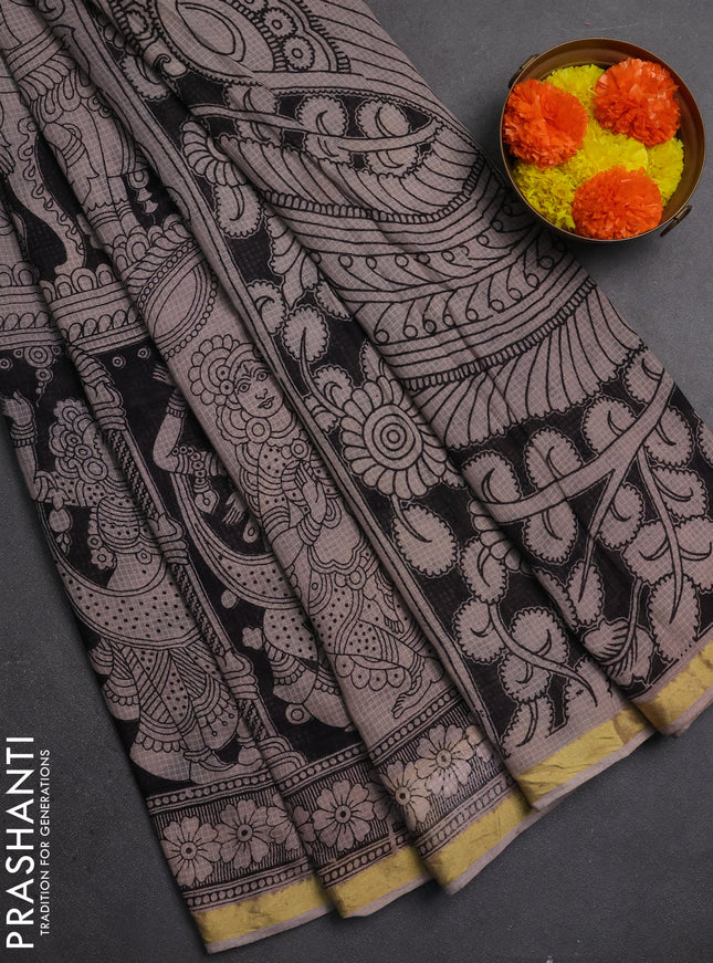 Kota kalamkari cotton saree black and beige with allover prints and piping border