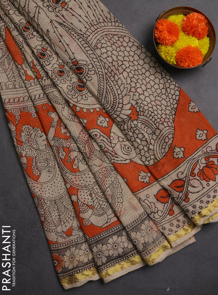 Kota kalamkari cotton saree orange and beige with allover prints and piping border