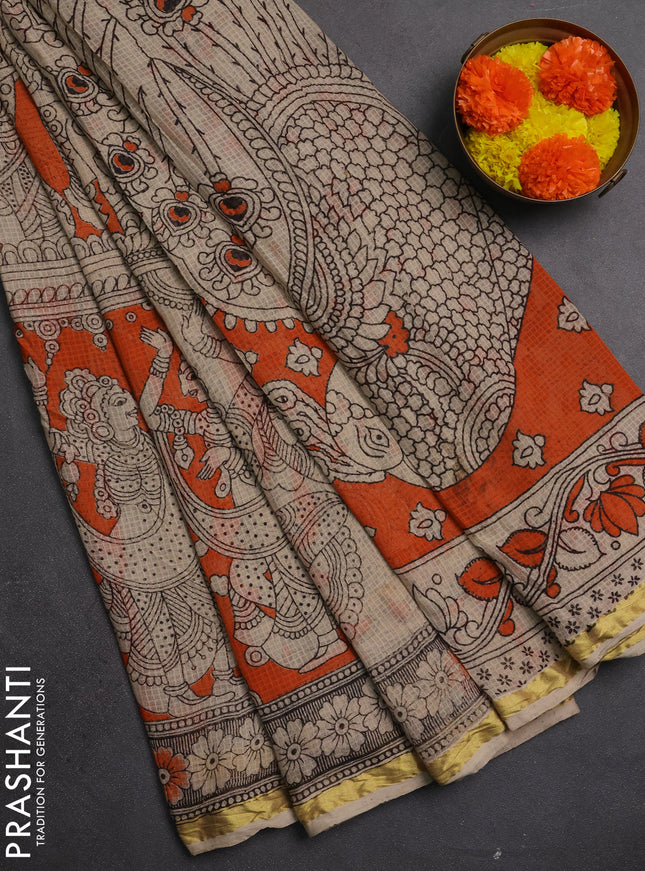 Kota kalamkari cotton saree orange and beige with allover prints and piping border