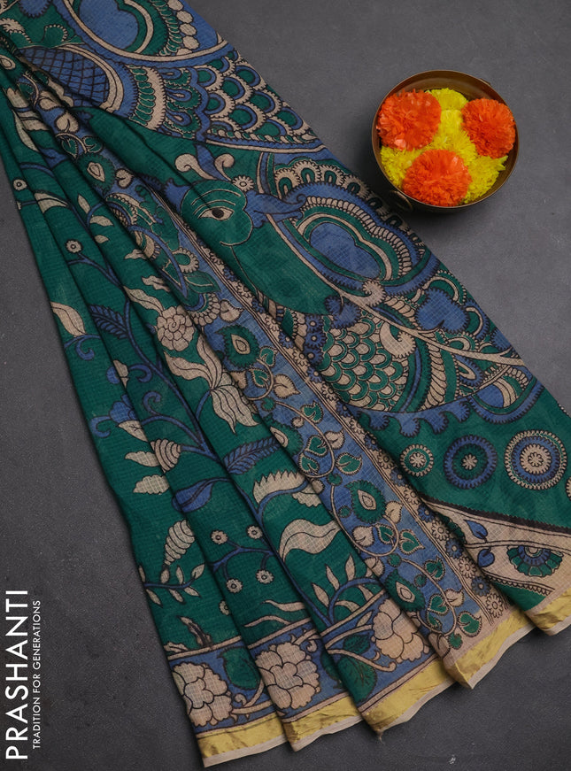 Kota kalamkari cotton saree teal green and pastel blue with allover prints and piping border