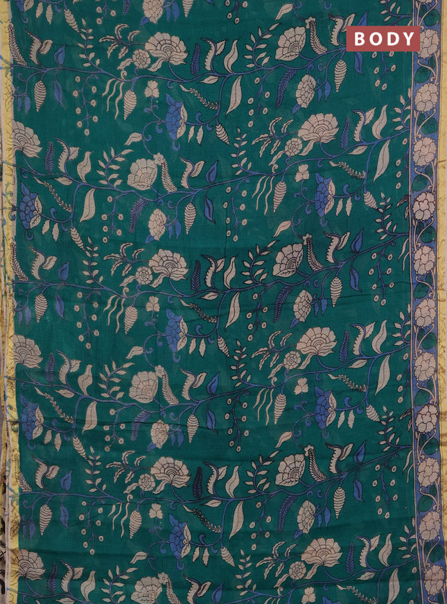 Kota kalamkari cotton saree teal green and pastel blue with allover prints and piping border