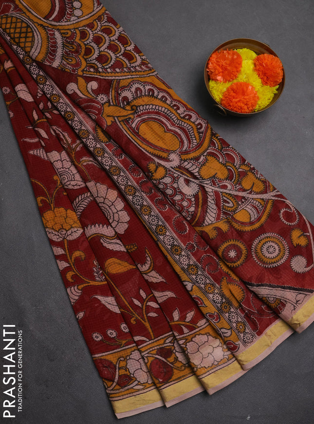 Kota kalamkari cotton saree maroon and beige with allover prints and piping border