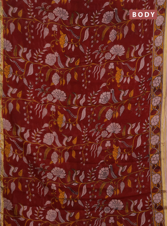 Kota kalamkari cotton saree maroon and beige with allover prints and piping border