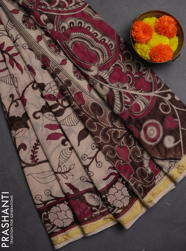 Kota kalamkari cotton saree beige and pink with allover prints and piping border