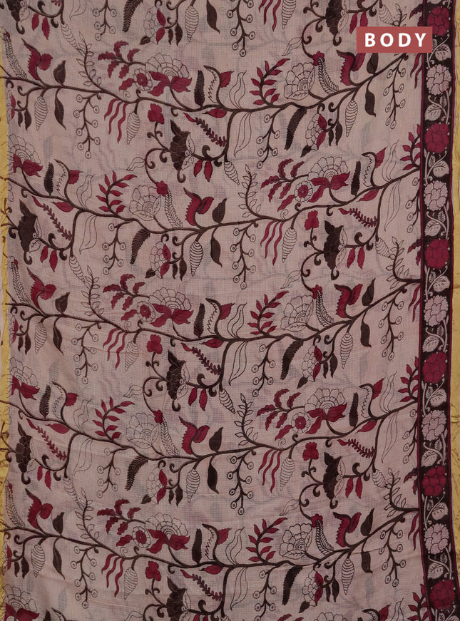 Kota kalamkari cotton saree beige and pink with allover prints and piping border