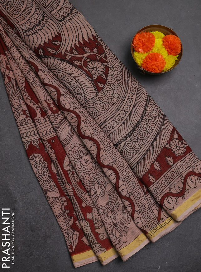 Kota kalamkari cotton saree maroon and beige with allover prints and piping border