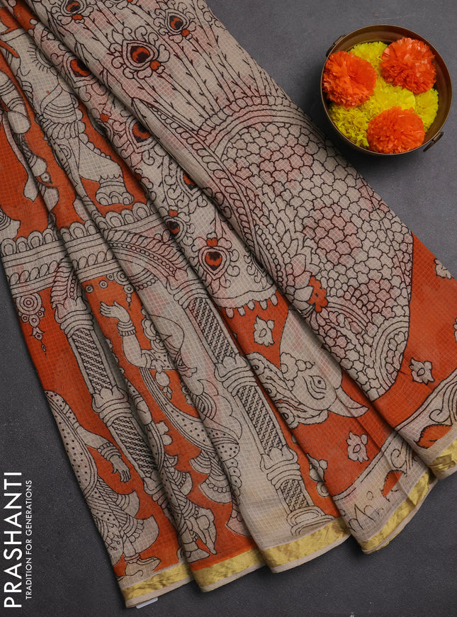 Kota kalamkari cotton saree orange and beige with allover prints and piping border