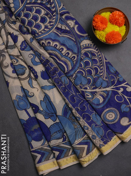 Kota kalamkari cotton saree beige and blue with allover prints and piping border