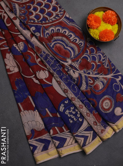 Kota kalamkari cotton saree maroon and blue with allover prints and piping border