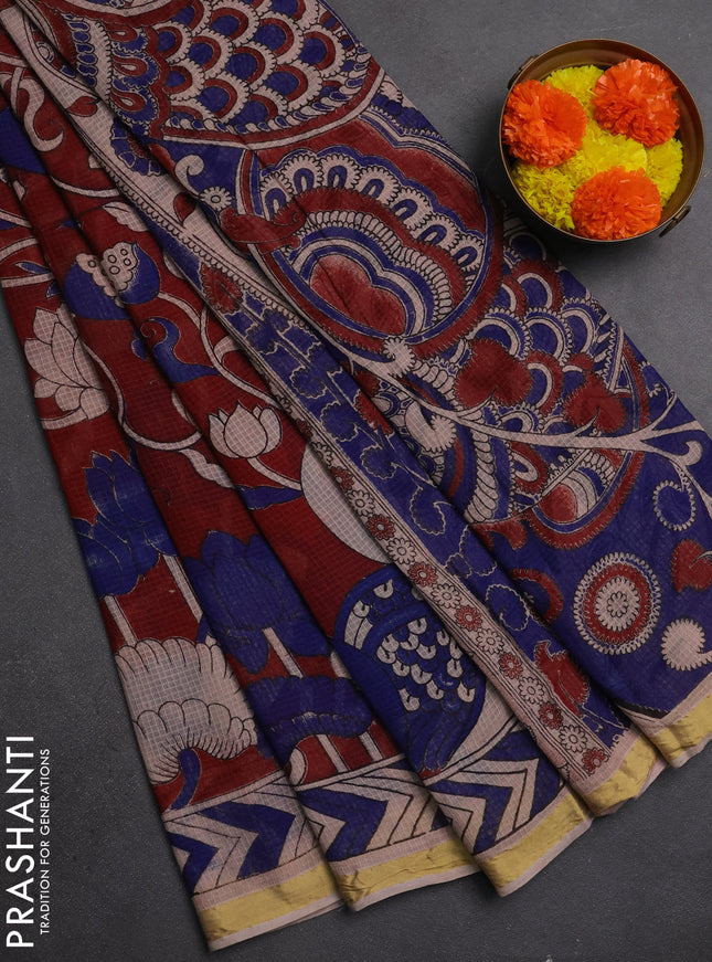 Kota kalamkari cotton saree maroon and blue with allover prints and piping border
