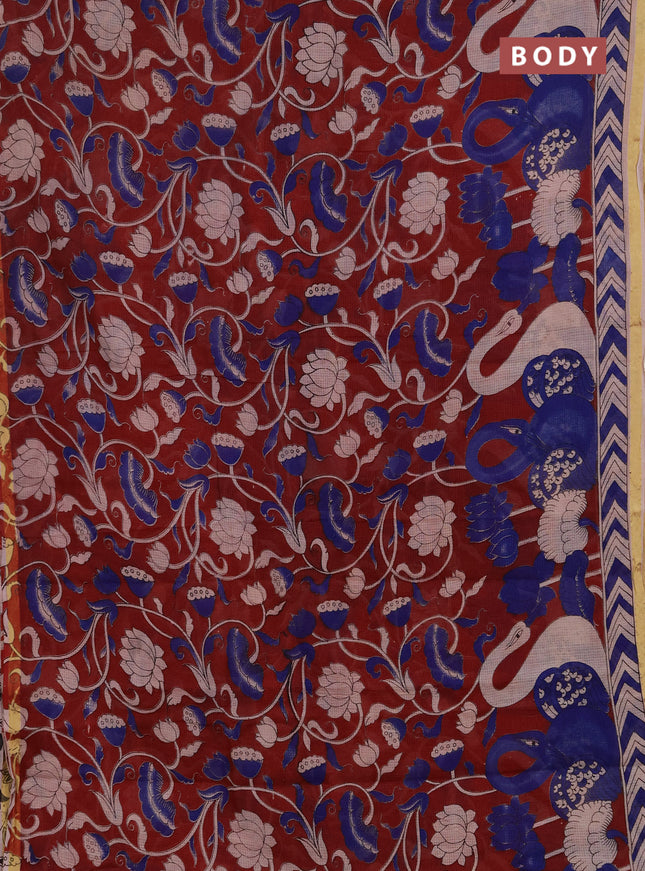 Kota kalamkari cotton saree maroon and blue with allover prints and piping border