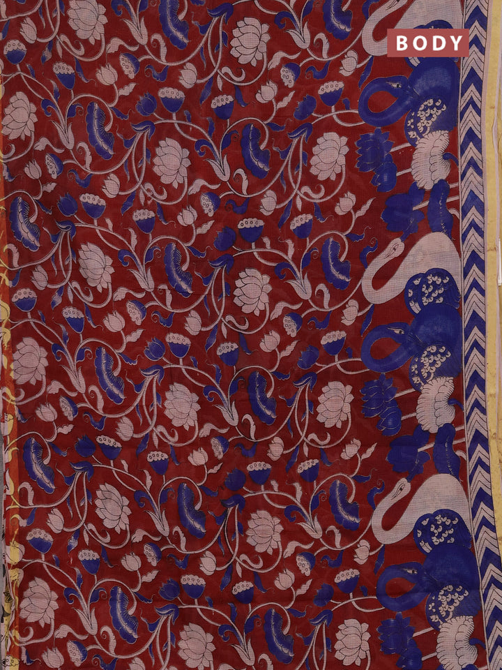 Kota kalamkari cotton saree maroon and blue with allover prints and piping border