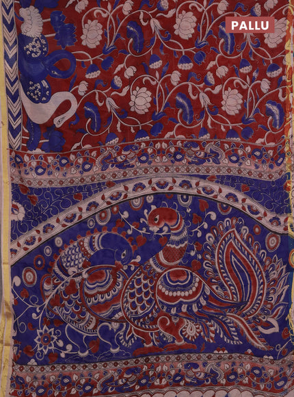 Kota kalamkari cotton saree maroon and blue with allover prints and piping border