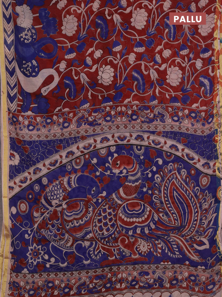 Kota kalamkari cotton saree maroon and blue with allover prints and piping border