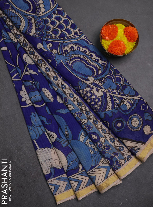 Kota kalamkari cotton saree blue and beige with allover prints and piping border