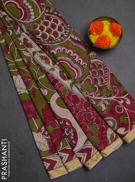 Kota kalamkari cotton saree mehendi green and pink with allover prints and piping border
