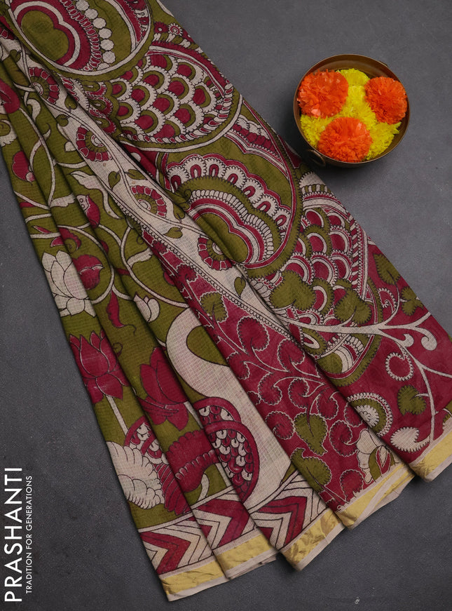 Kota kalamkari cotton saree mehendi green and pink with allover prints and piping border
