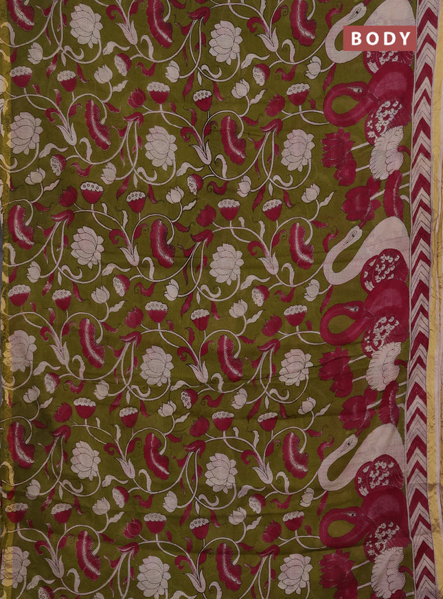 Kota kalamkari cotton saree mehendi green and pink with allover prints and piping border