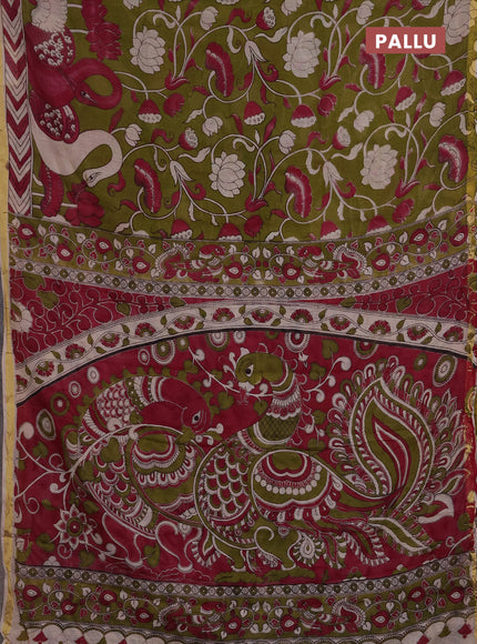 Kota kalamkari cotton saree mehendi green and pink with allover prints and piping border