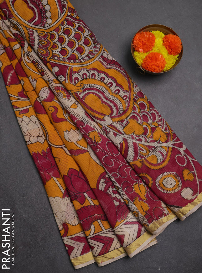 Kota kalamkari cotton saree mustard yellow and pink with allover prints and piping border