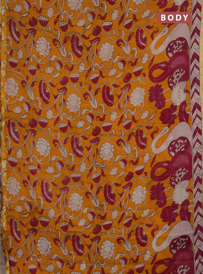 Kota kalamkari cotton saree mustard yellow and pink with allover prints and piping border