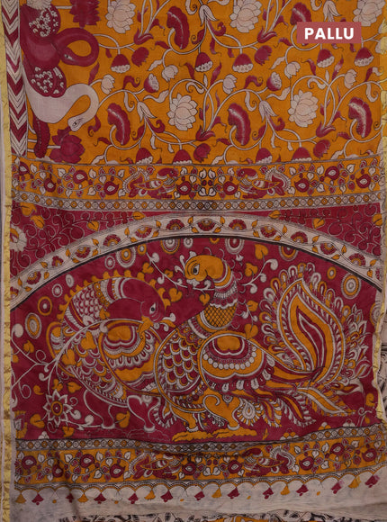 Kota kalamkari cotton saree mustard yellow and pink with allover prints and piping border