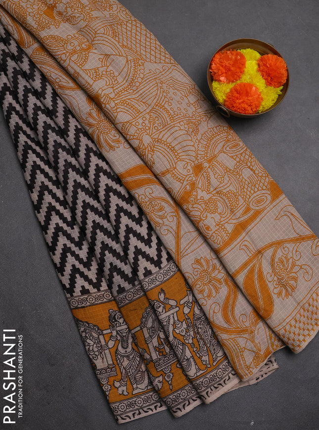 Kota kalamkari cotton saree black and mustard yellow with allover zigzag prints and printed border