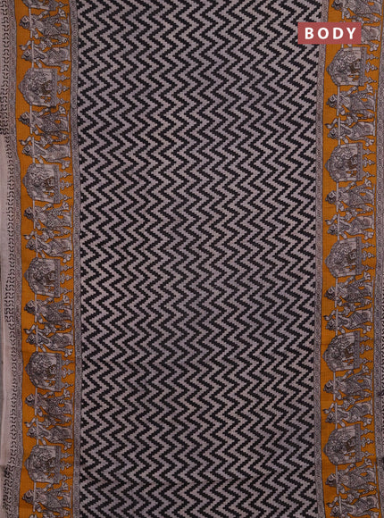Kota kalamkari cotton saree black and mustard yellow with allover zigzag prints and printed border
