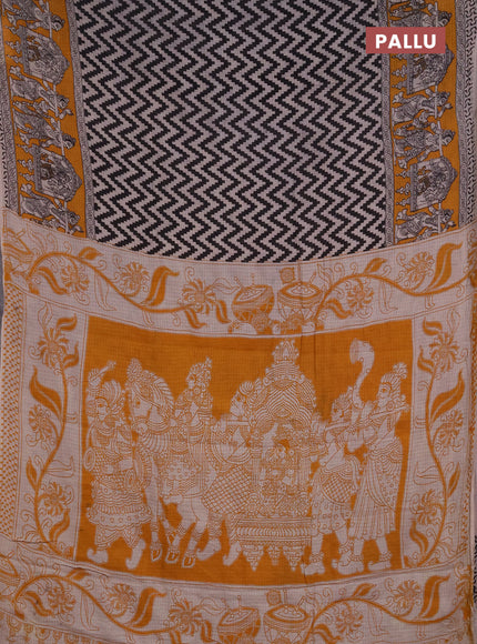 Kota kalamkari cotton saree black and mustard yellow with allover zigzag prints and printed border