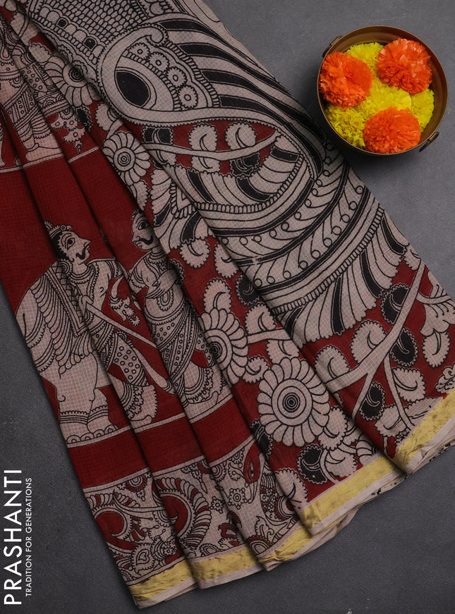 Kota kalamkari cotton saree maroon and beige with allover prints and piping border