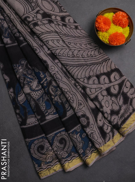Kota kalamkari cotton saree teal blue and beige with allover prints and piping border
