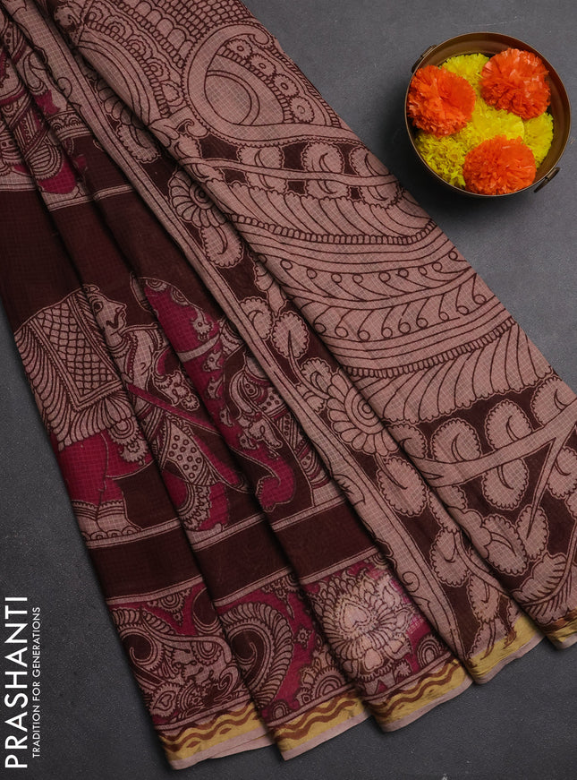 Kota kalamkari cotton saree coffee brown and beige with allover prints and piping border