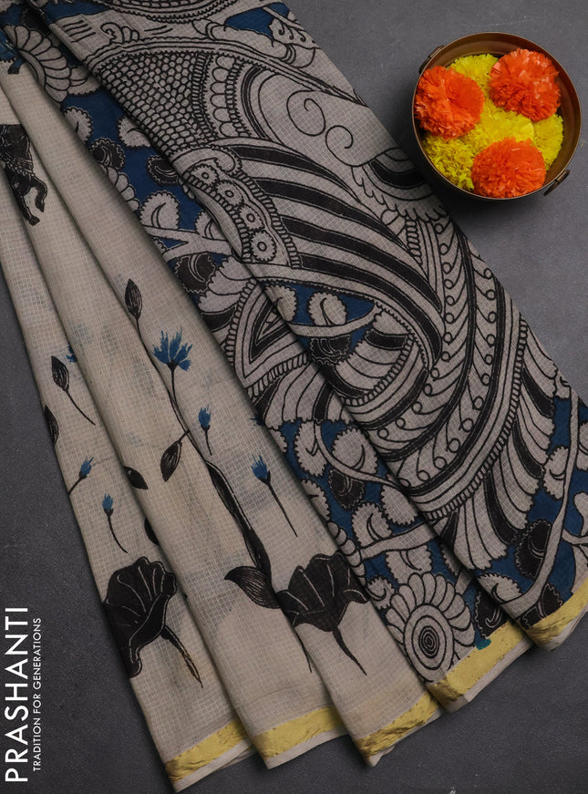 Kota kalamkari cotton saree beige and teal blue with allover pichwai prints and piping border