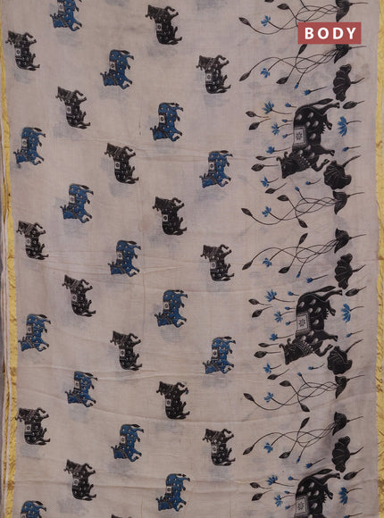 Kota kalamkari cotton saree beige and teal blue with allover pichwai prints and piping border