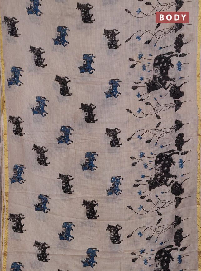 Kota kalamkari cotton saree beige and teal blue with allover pichwai prints and piping border