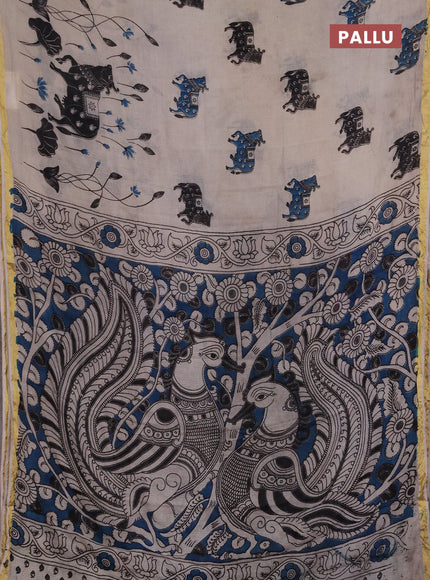 Kota kalamkari cotton saree beige and teal blue with allover pichwai prints and piping border