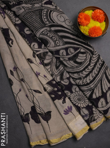 Kota kalamkari cotton saree beige and purple with allover pichwai prints and piping border