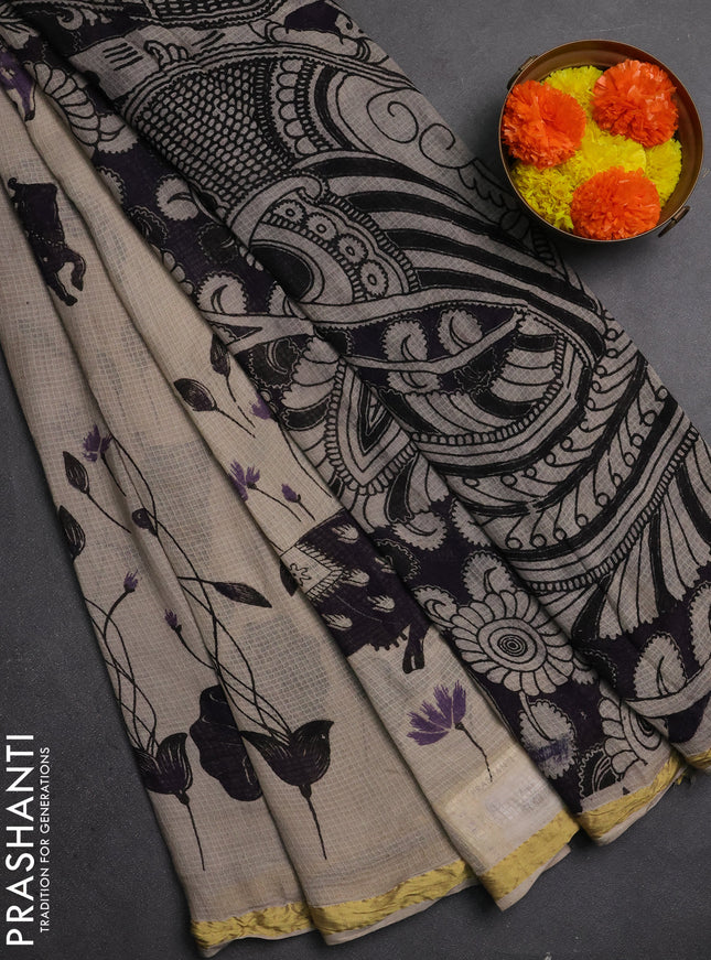 Kota kalamkari cotton saree beige and purple with allover pichwai prints and piping border