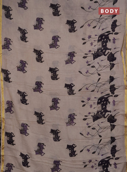Kota kalamkari cotton saree beige and purple with allover pichwai prints and piping border