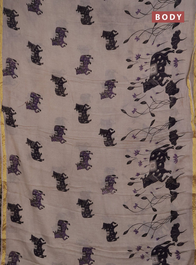 Kota kalamkari cotton saree beige and purple with allover pichwai prints and piping border