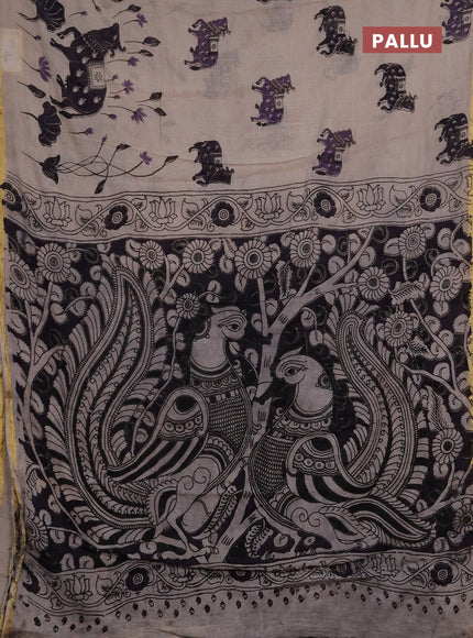 Kota kalamkari cotton saree beige and purple with allover pichwai prints and piping border