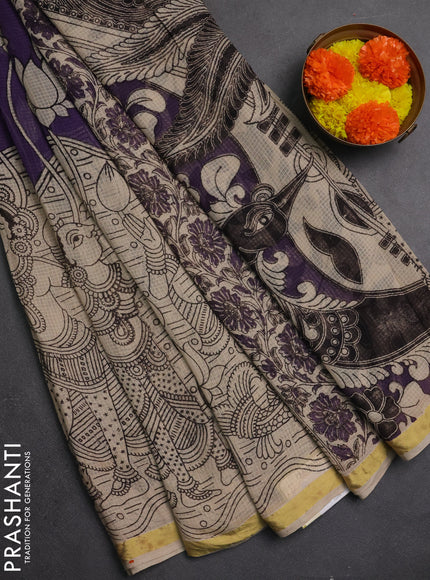 Kota kalamkari cotton saree purple and beige with allover prints and piping border