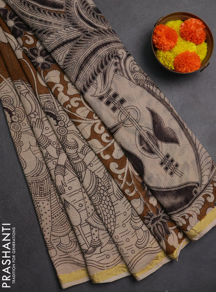 Kota kalamkari cotton saree dark mustard and beige with allover prints and piping border