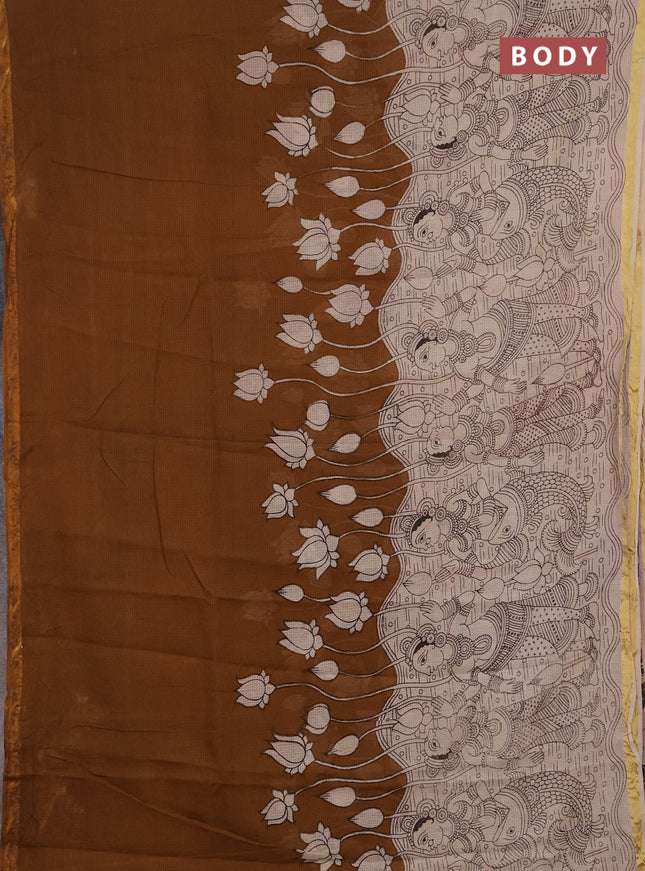 Kota kalamkari cotton saree dark mustard and beige with allover prints and piping border